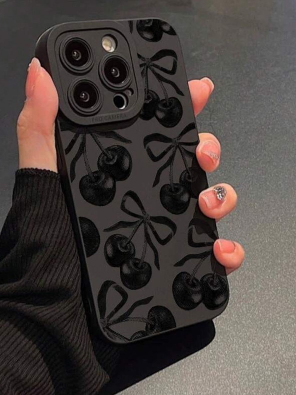 🆕 iPhone 16 Pro Max Black Soft Phone Case with Bow & 🍒Cherry Pattern!